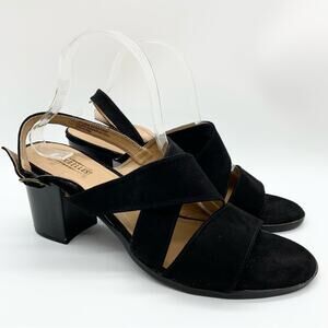 Seychelles Black Faux Suede Heeled Slingback Sandals Size 11 Formal Minimalist